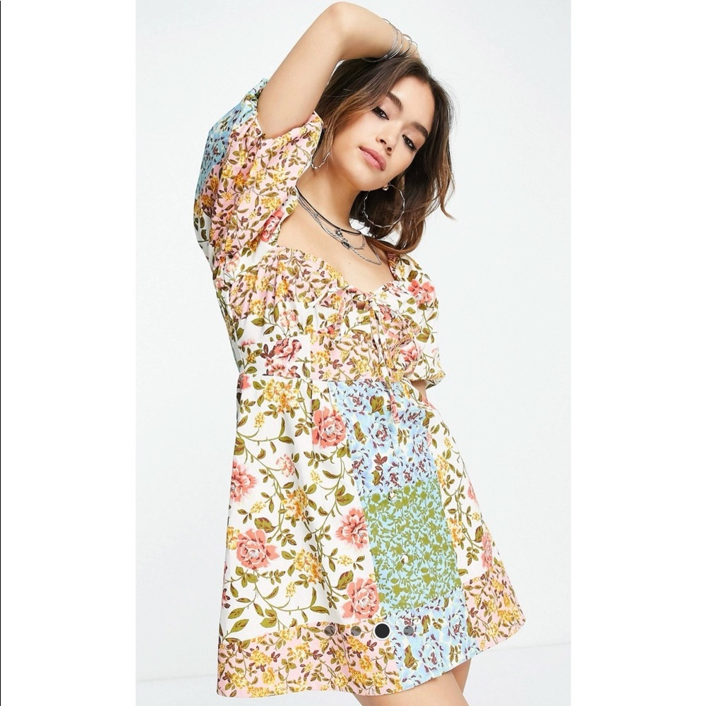 ASOS twill sweetheart mini tea dress in mixed floral pink. Patchwork floral